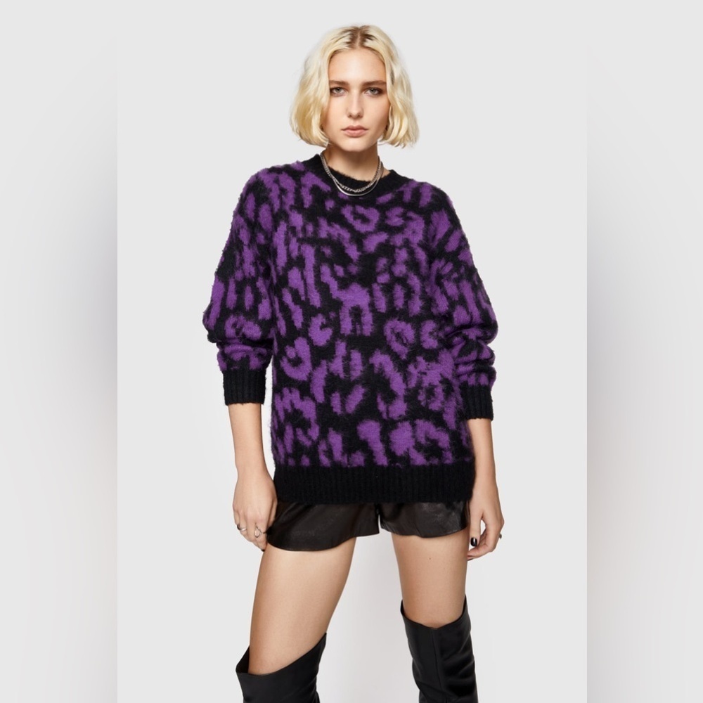 Rebecca Minkoff Purple and Black Gordon Leopard Print Crewneck Fuzzy Sweater M